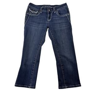 LA Idol Jeans Size 7 Capri‎ Dark Wash 30x18 Embellished Thick Stitch